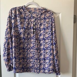 Source Unknown Navy and Cream Floral Pintuck Button-Front Blouse